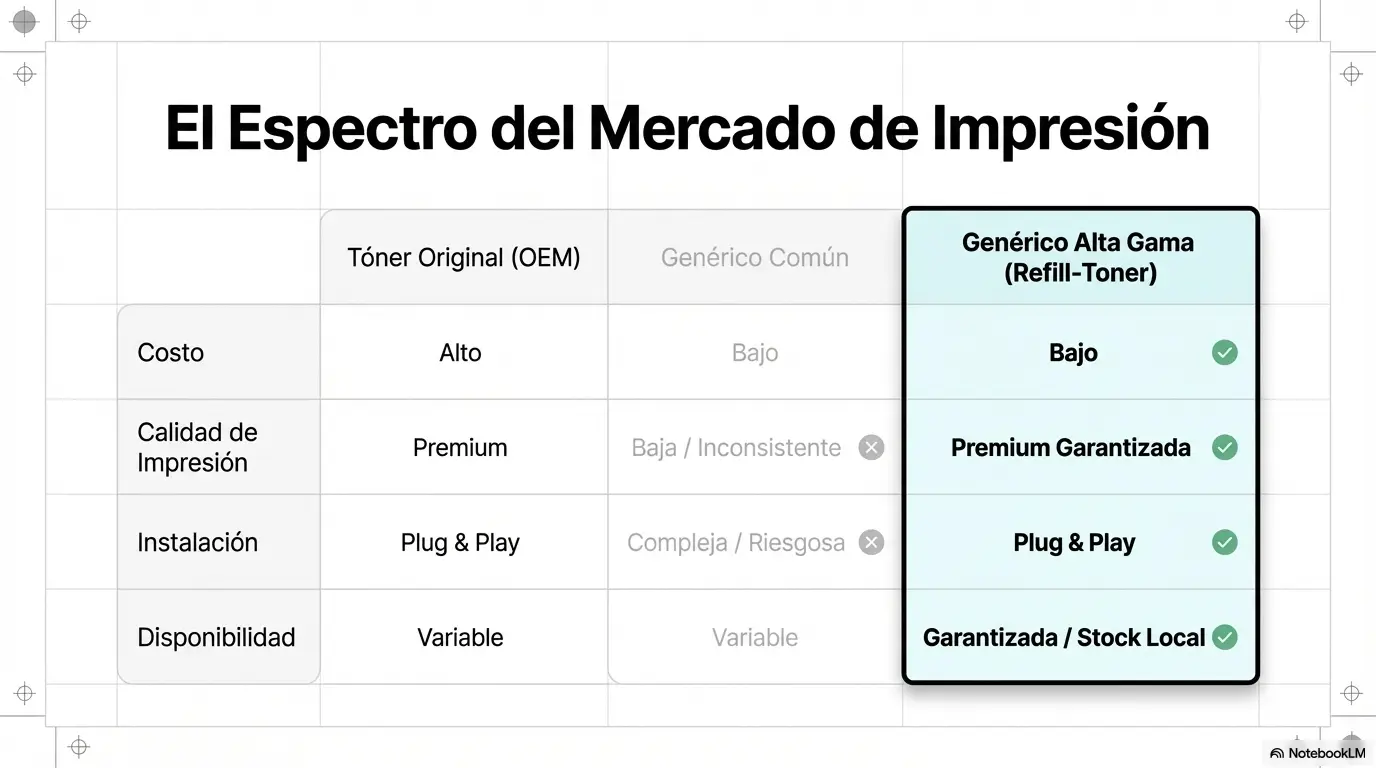 Infografía comparativa de beneficios: tóner genérico de alta gama vs tóner común.