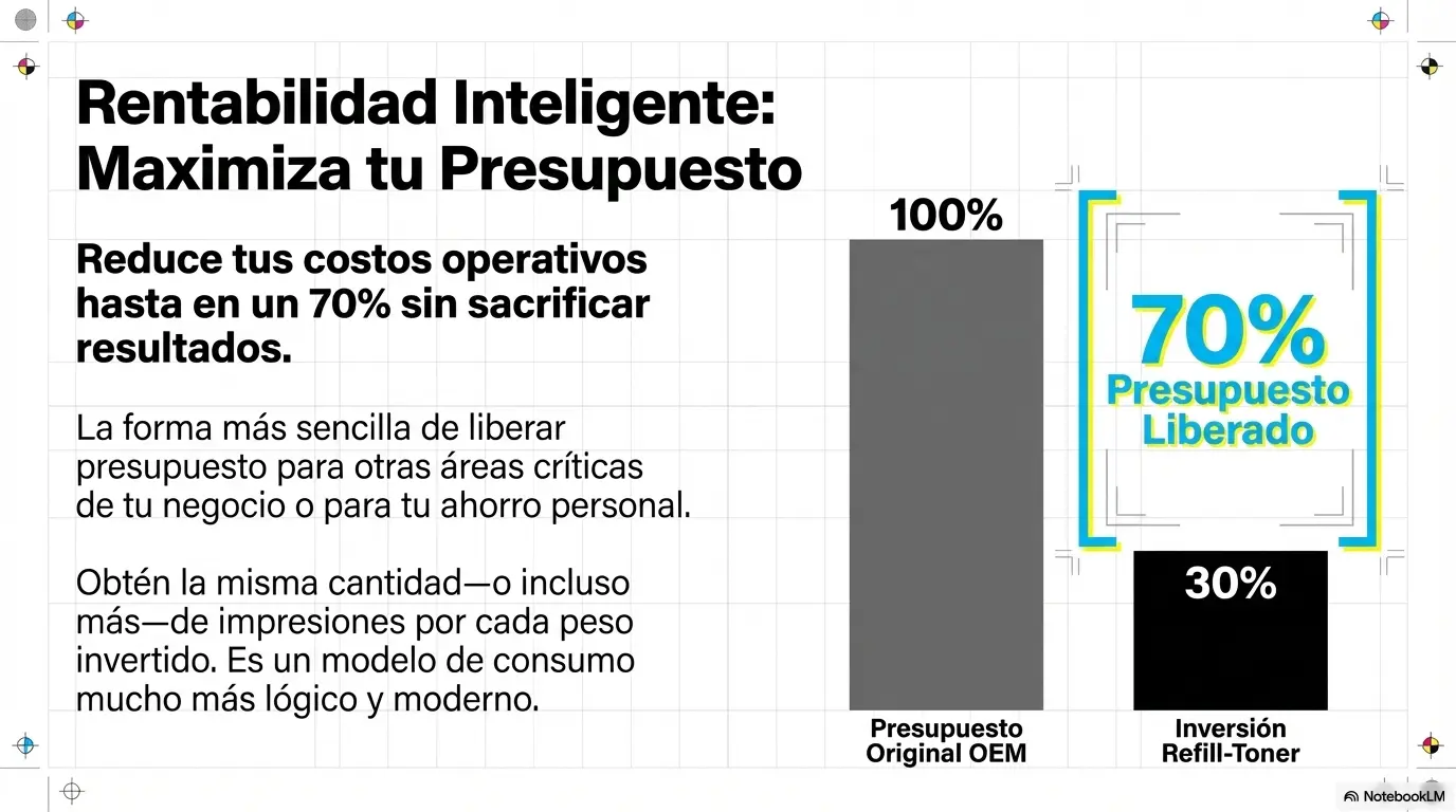 Gráfica comparativa de ahorro: 70% de presupuesto liberado usando Refill-Toner frente al 100% de costo de tóner OEM original.