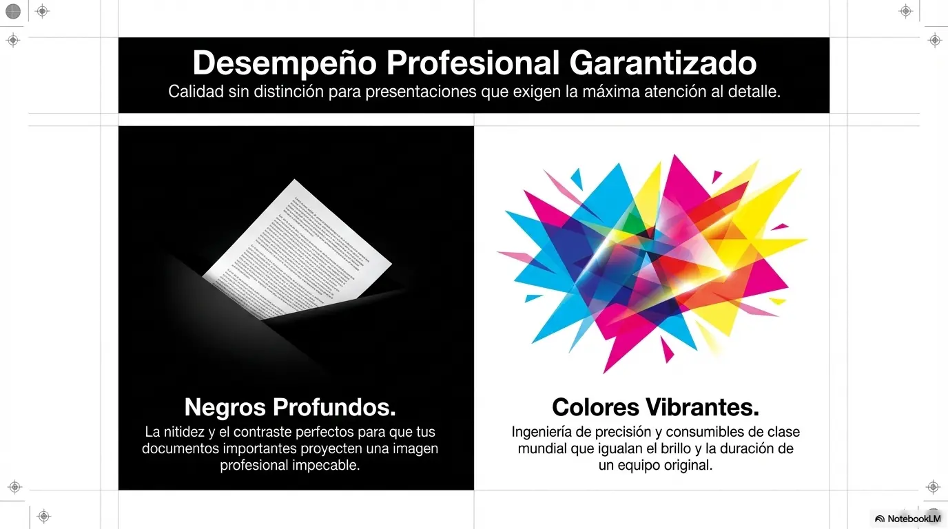 Muestra de impresión con negros profundos y colores vibrantes usando tóner de alta gama.