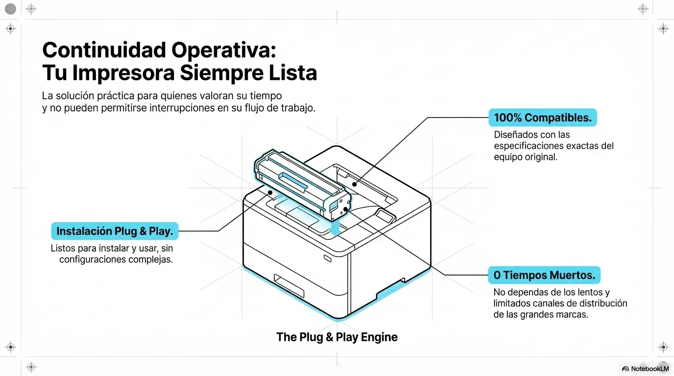 Diagrama de instalación Plug and Play de cartucho de tóner 100% compatible en impresora láser.