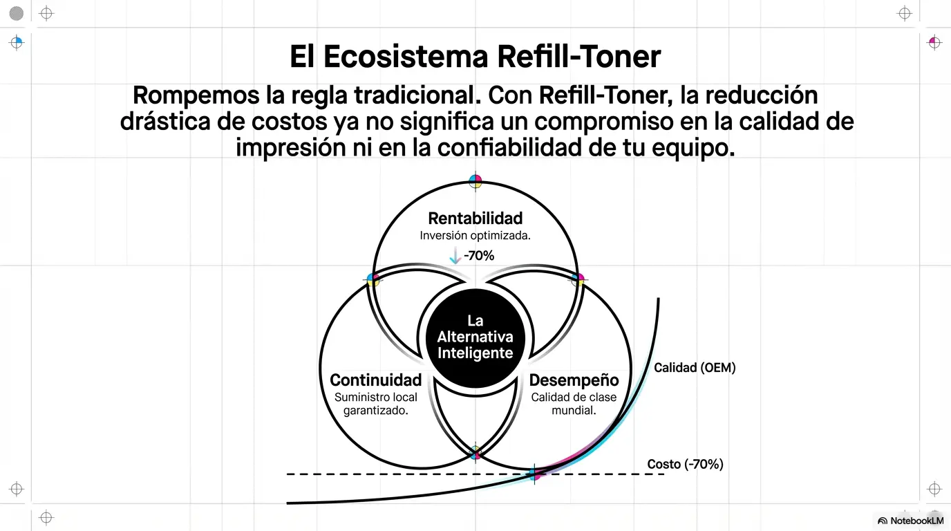 Diagrama del Ecosistema Refill-Toner mostrando la intersección entre rentabilidad, continuidad y desempeño profesional.