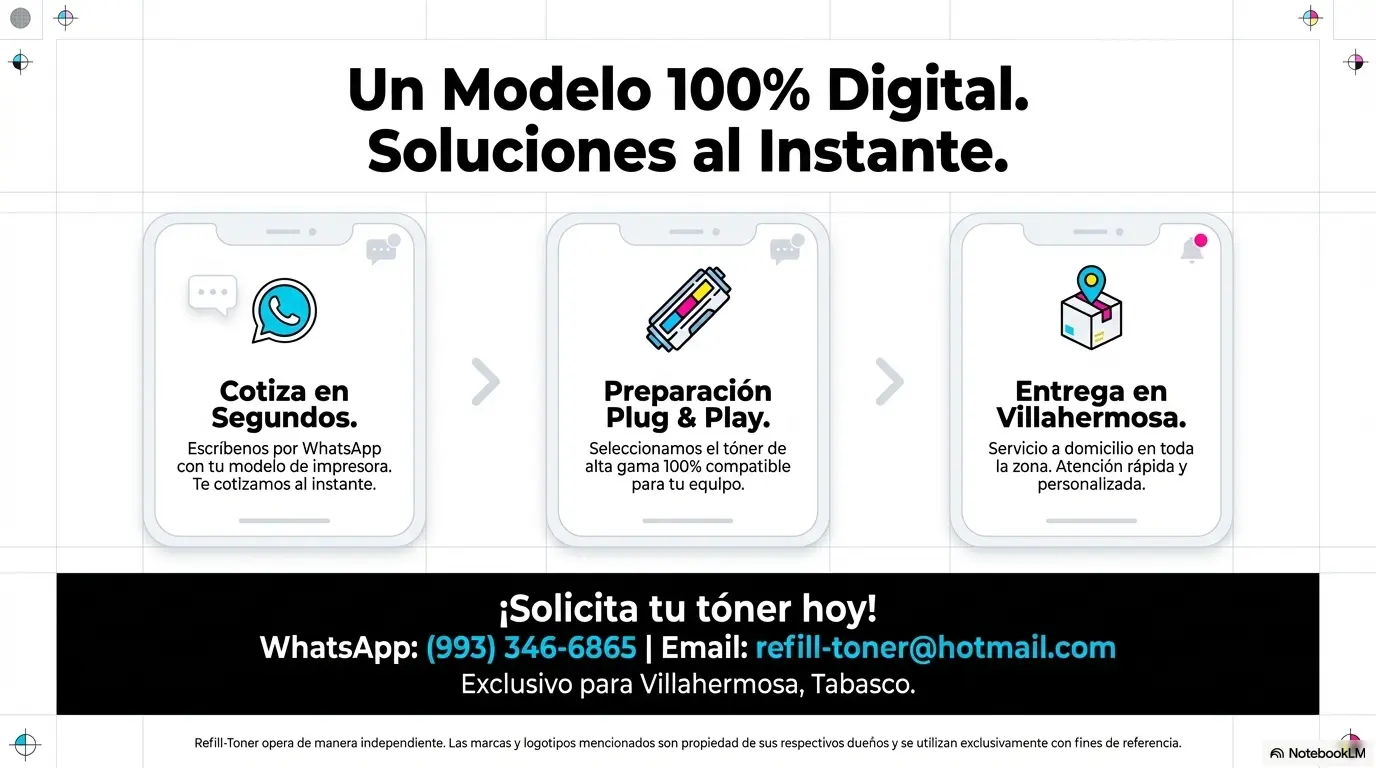 Proceso de compra de tóner en Villahermosa: Cotización por WhatsApp, preparación y entrega a domicilio.
